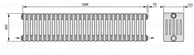 Схема (чертеж) Радиатор Zehnder Charleston 6026/28 №2670 Белый глянцевый RAL 9016